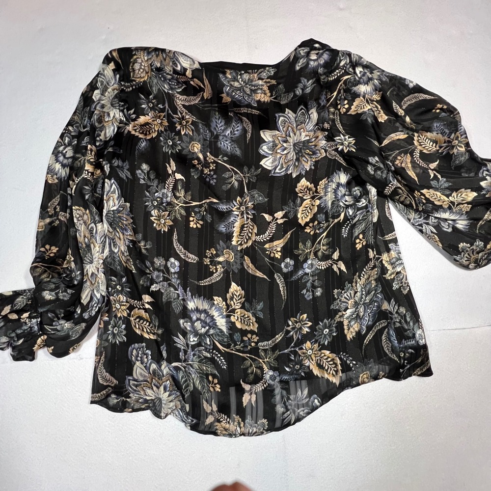 Vince Camuto Black Floral V-Neck Blouse Metallic Stripe Balloon Sleeve Large